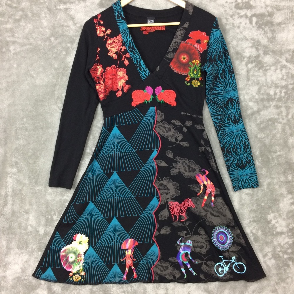 Desigual Dress Womens XS Boho Embroidered Print Floral Fairy Bold Artsy